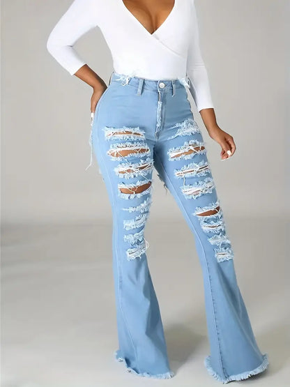 Blue Raw Hem Flare Jeans, Distressed High Waist Ripped Holes Bell Bottom Jeans, Women's Denim Jeans & Clothing