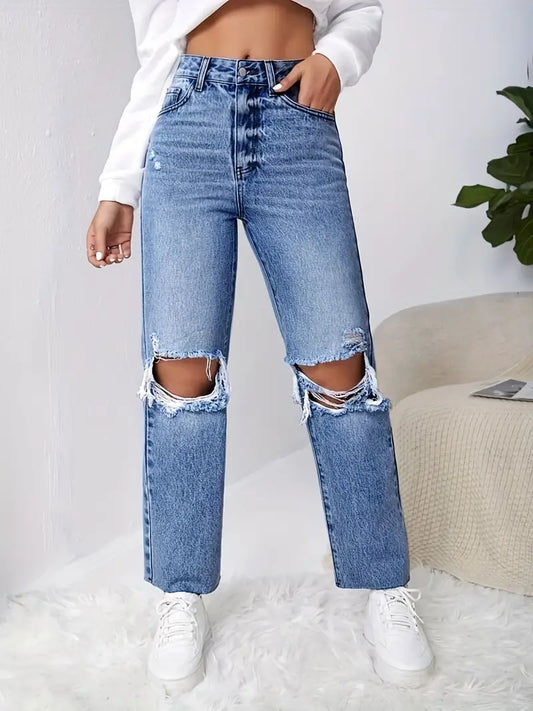 Blue Raw Cut Straight Jeans, Ripped Holes Loose Fit Slant Pockets Denim Pants, Women's Denim Jeans & Clothing