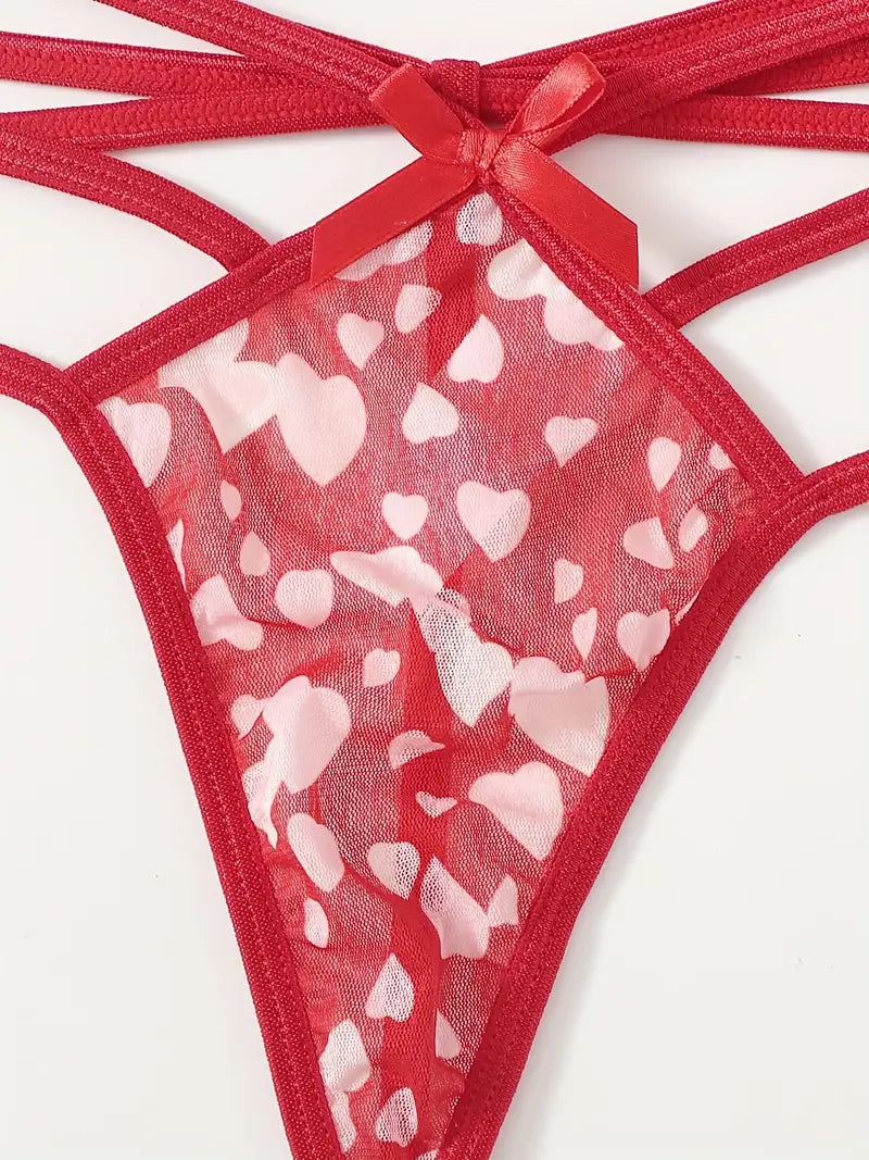 Flaunt Your Curves in This Sexy Plus Size Lingerie Set - Heart Print Mesh Cut Out Tie Back Bra & Strappy Thong!