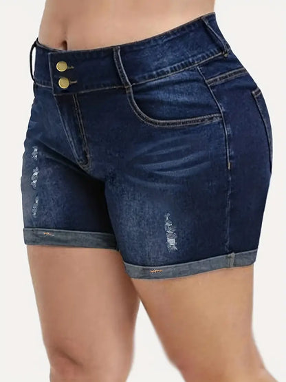 Plus Size Casual Denim Shorts, Women's Plus Ripped High Rise Medium Stretch Denim Shorts