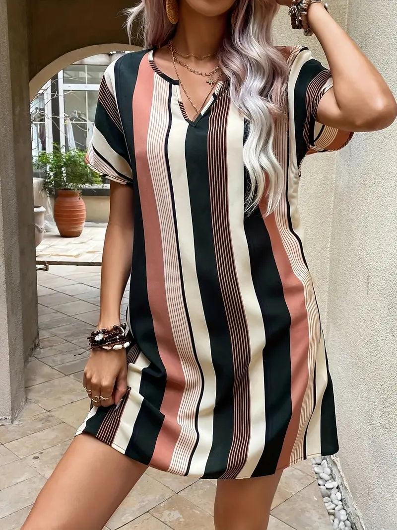 Striped Notched Neck Dress, Casual Short Sleeve Dress For Spring & Summer, Women's Clothing