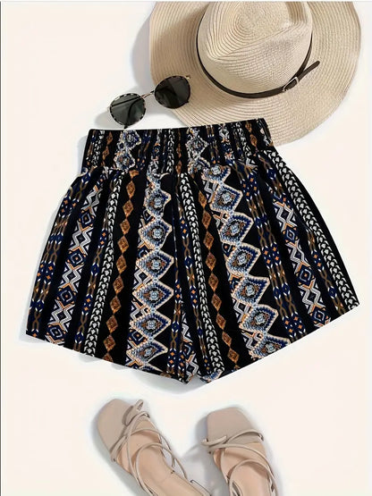 Plus Size Boho Shorts, Women's Plus Tribal Print Elastic Waist Wide Leg Vacay Shorts