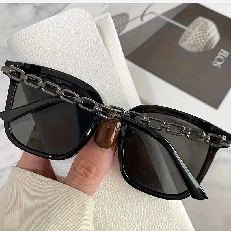 Trendy Chain Square Retro Street Sunglasses, Versatile Fashionable UV Protection Sunglasses For Outdoor Activities