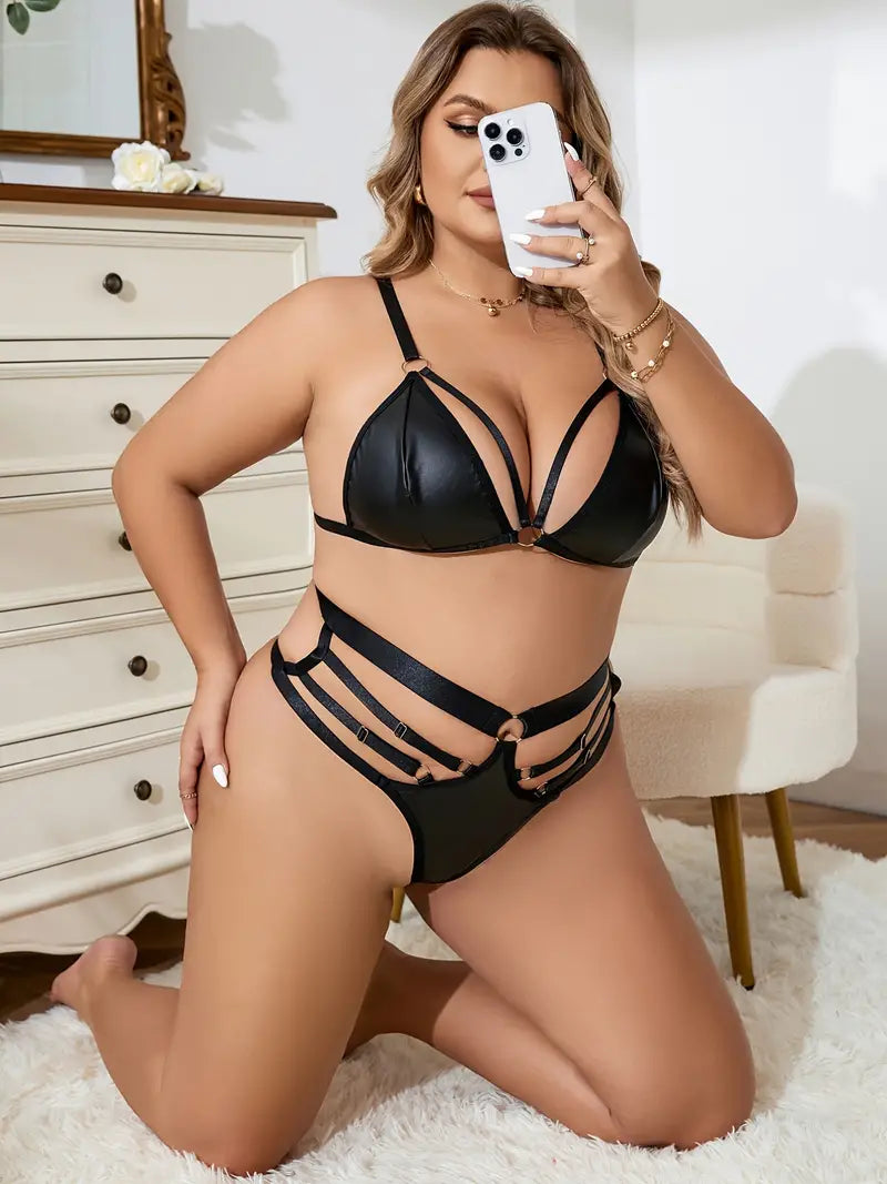 Plus Size Sexy Lingerie Set, Women's Plus Solid PU Leather Strappy Bra & Cut Out Thong, Harness Lingerie Two Piece Set