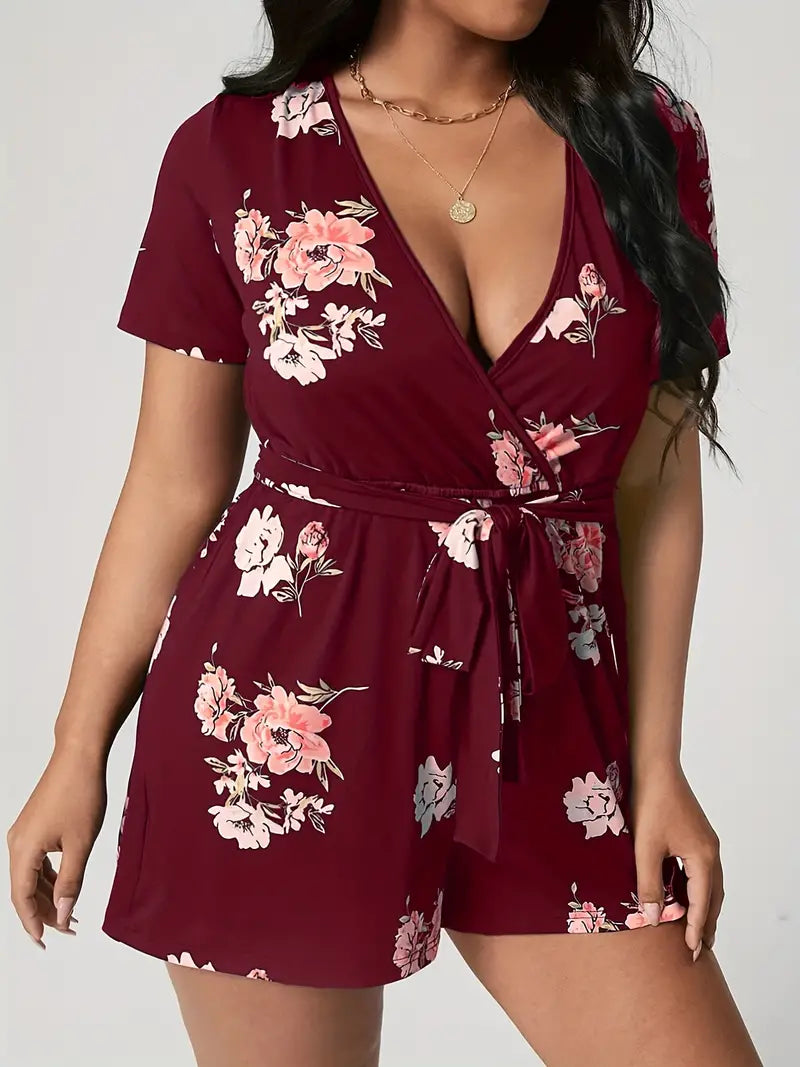 Plus Size Casual Romper, Women's Plus Floral Print Short Sleeve Surplice Neck Romper With Belt