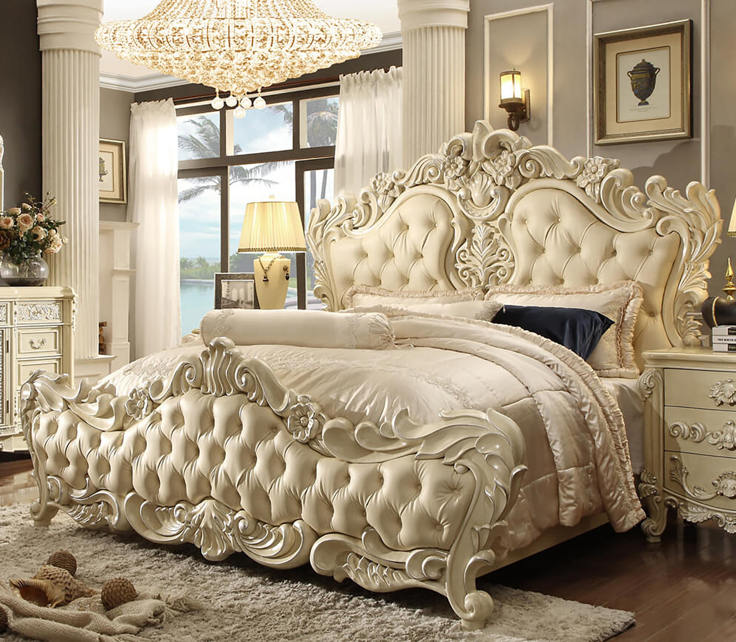 Homey Design California King Bed in Newberry II (Cream)