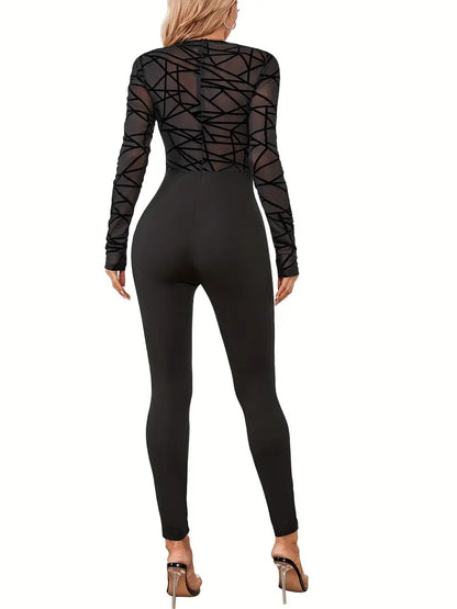 Solid Sheer Jumpsuit, Sexy Long Sleeve Crew Neck Long Length Jumpsuit, Women's Clothing