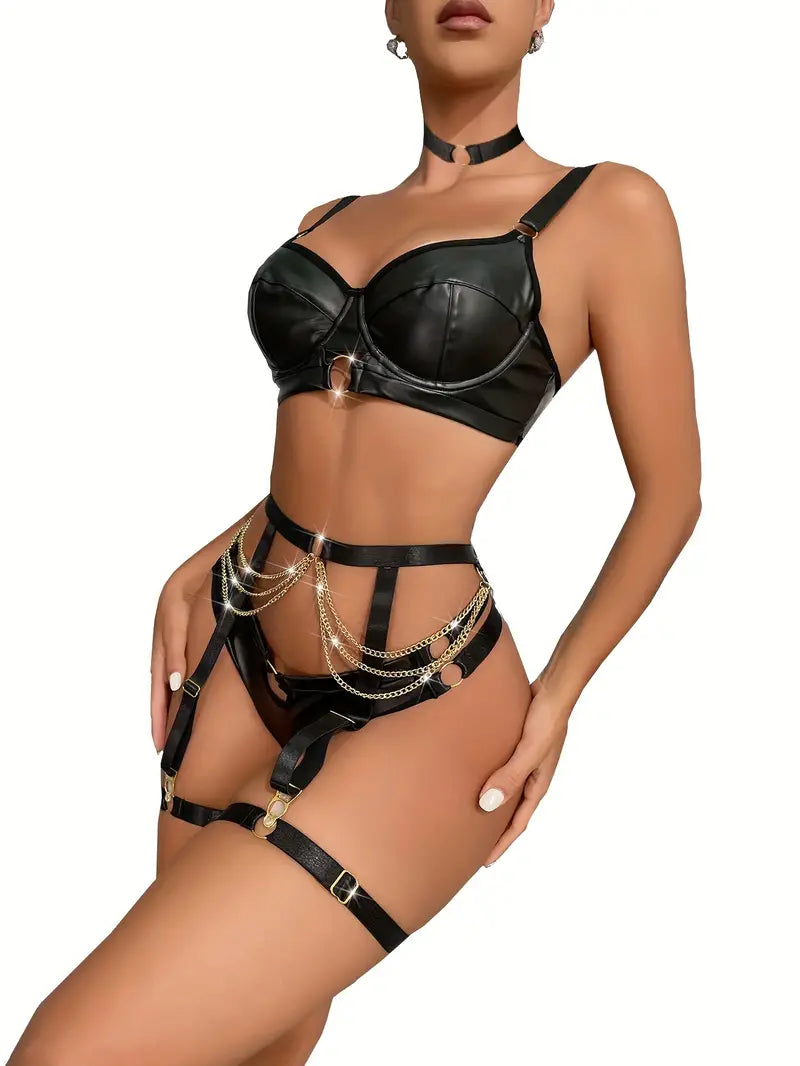 Punk Leather Lingerie Set, Ring Linked Bra & Cut Out Thong & Chain Tassel Garter Belt, Women's Sexy Lingerie & Underwear