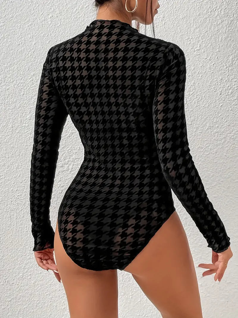 Houndstooth Print Solid Bodysuit, Sexy Slim Long Sleeve Summer Bodysuit, Women's Clothing