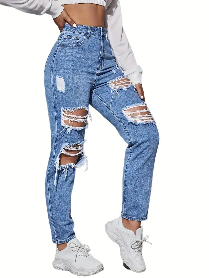 Blue Ripped Holes Straight Jeans, Distressed Slash Pockets Non-Stretch Mom Jeans, Women's Denim Jeans & Clothing