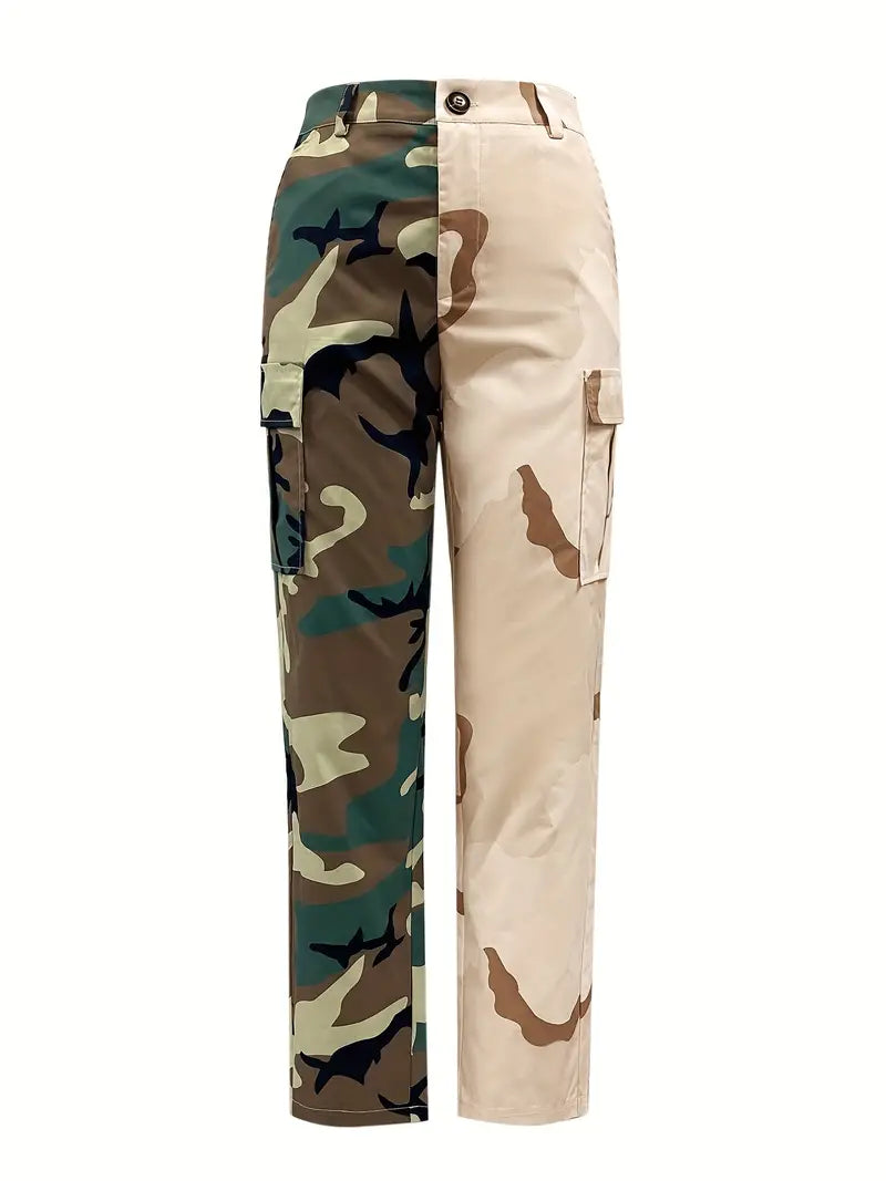 Colorblock Camo Print Pockets Pants, Casual Loose Pants For Spring & Fall, Women's Clothing