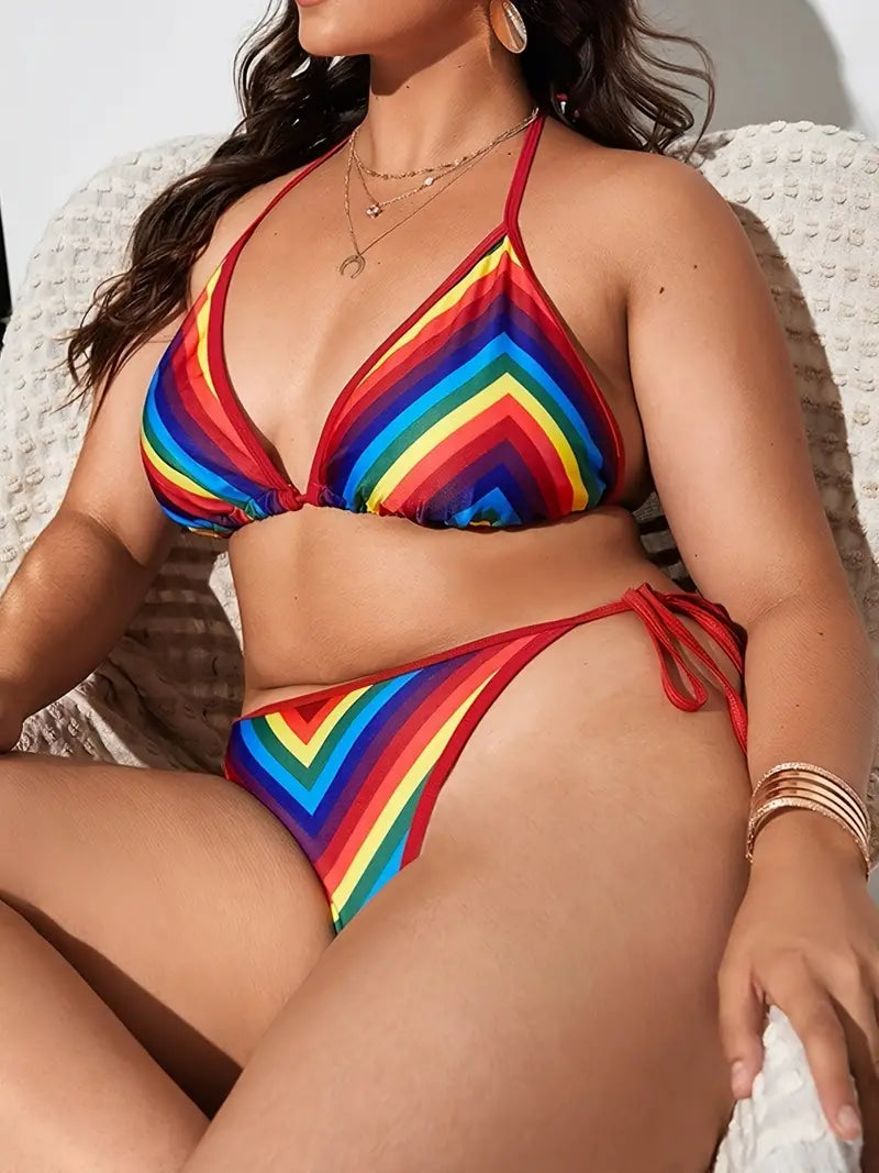 Plus Size Rainbow Color High Leg Cut Bikini Set, Women's Plus High Stretch Vacay Swimsuit Set 2pcs