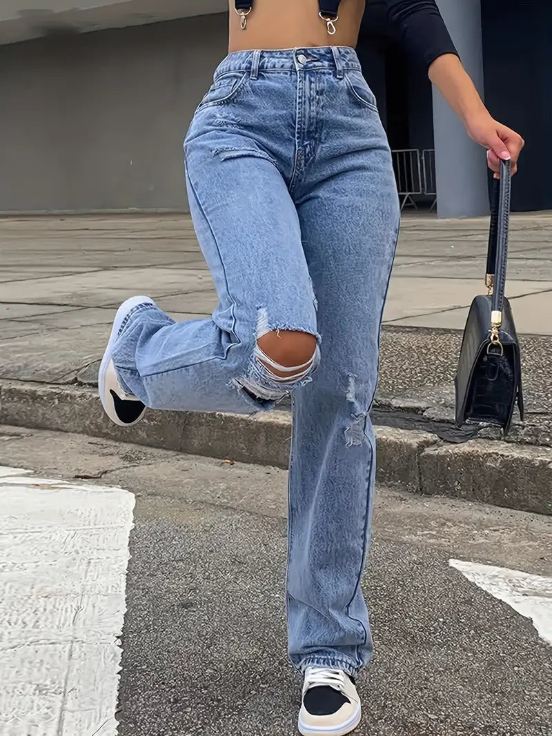 High Rise Ripped Loose Boyfriend Jeans, Straight Leg Distressed Stacked Mom Jeans, Women's Denim Jeans & Clothing