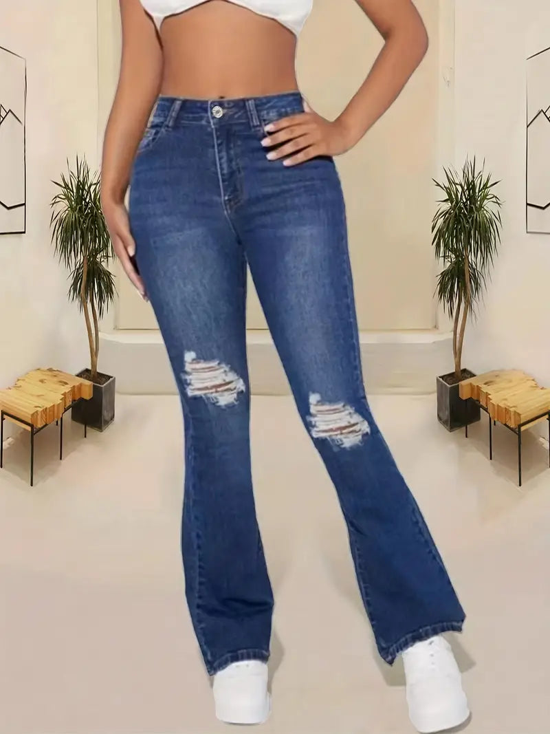 Ripped Stretchy Flare Leg Jeans, High Rise Whiskering Bell Bottoms Denim Pants, Women's Denim Jeans & Clothing