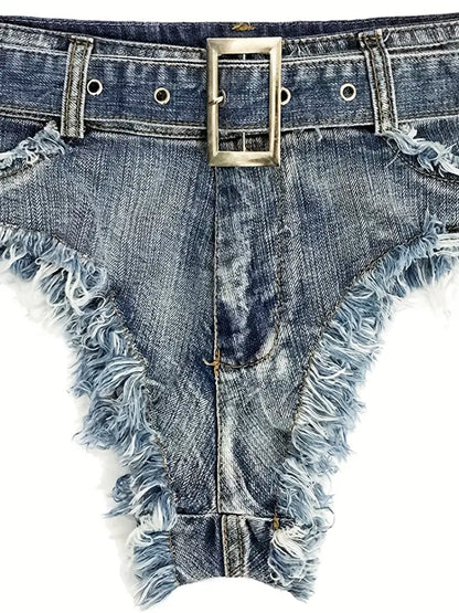 Blue Raw Hem Denim Mini Shorts, Daisy Duke Style Sexy Short Denim Pants, Women's Denim Jeans & Clothing