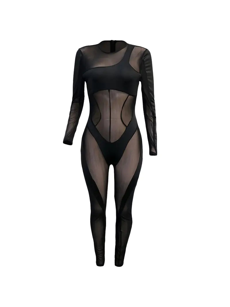 Women's Plus Size Sexy Mesh Bodysuit - High Stretch Solid Contrast Jumpsuit with Semi Sheer Look