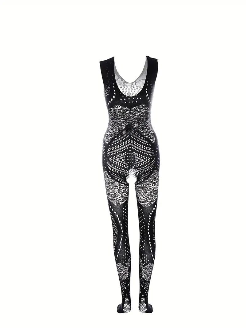 Sexy One-Piece Fishnet Bodystocking, Full-Body Long Sleeve Fishnet Body Suit, Women's Lingerie & Underwear