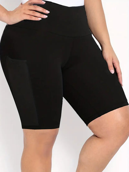 Plus Size Sports Shorts, Women's Plus Solid High Rise Slight Stretch Skinny Fitness Shorts With Pockets