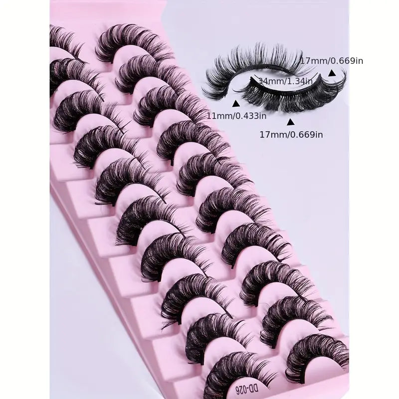 Glamorous Party-Perfect False Eyelashes: 10-Pair Pack of Unscented, Thick, High-Volume, Curly Russian Strip Lashes with Natural Appearance