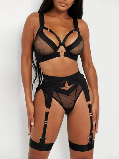 Sexy Mesh Lingerie Set with Ring Linked Bra and Garter Belt - Perfect for Women's Underwear and Sexy Nightwear