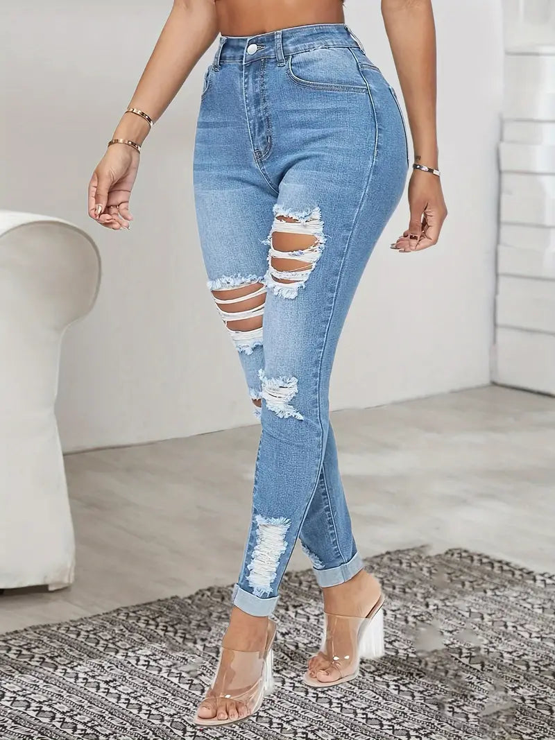 Women's Distressed Denim Jeans with Ripped Slash Pockets - High Waist Skinny Fit for a Tight Look!