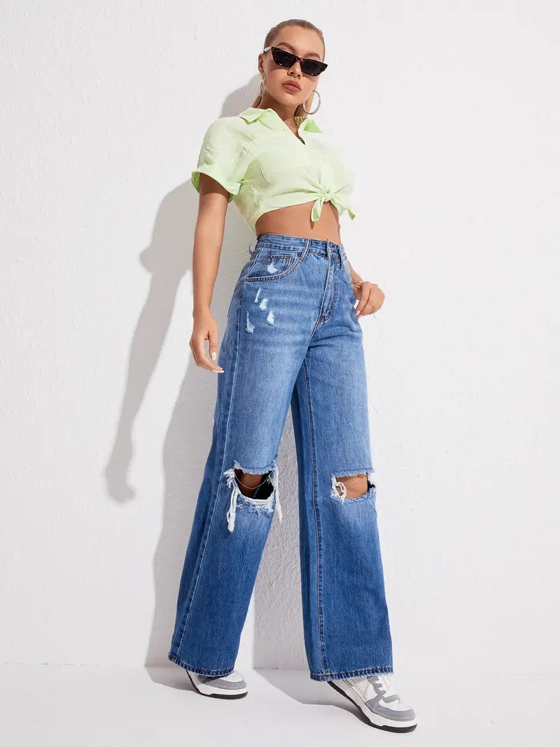 Blue Loose Fit Straight Jeans, Slash Pockets Ripped Holes High Waist Baggy Denim Pants, Women's Denim Jeans & Clothing