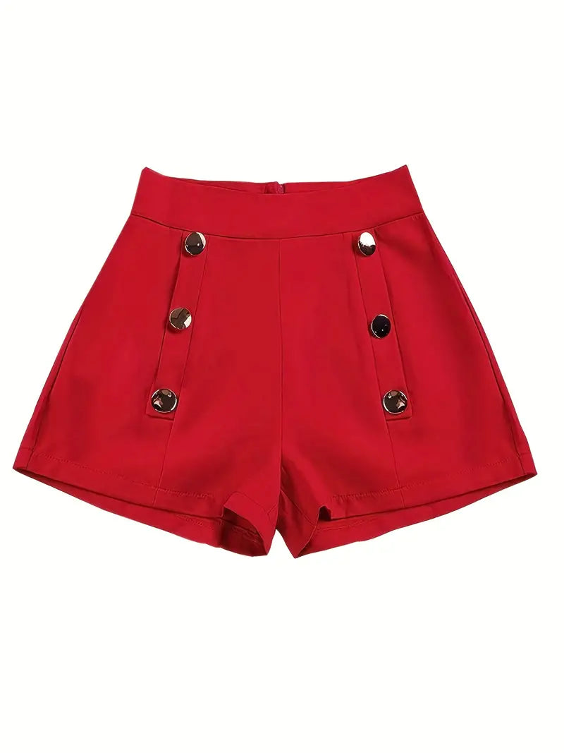 Solid High Waist Button Decor Shorts, Casual Zip Back Shorts For Summer, Women's Clothing