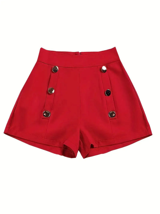 Short décoratif à boutons taille haute uni, short décontracté à fermeture éclair dans le dos pour l'été, vêtements pour femmes 