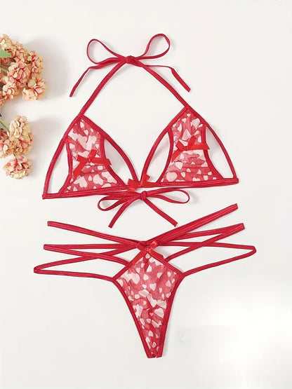 Flaunt Your Curves in This Sexy Plus Size Lingerie Set - Heart Print Mesh Cut Out Tie Back Bra & Strappy Thong!