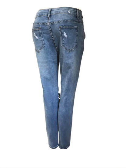 Women's Slim Fit Distressed Denim Jeans with Ripped Holes and Fishnet Stocking Accents