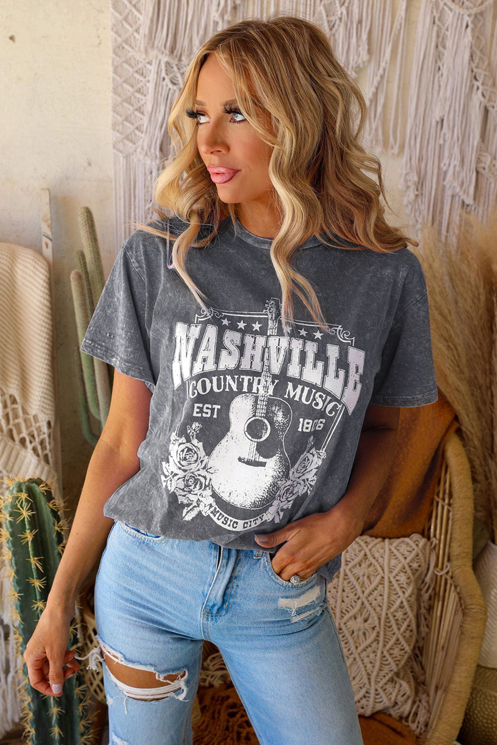 NASHVILLE COUNTRY MUSIC Camiseta estampada con cuello redondo