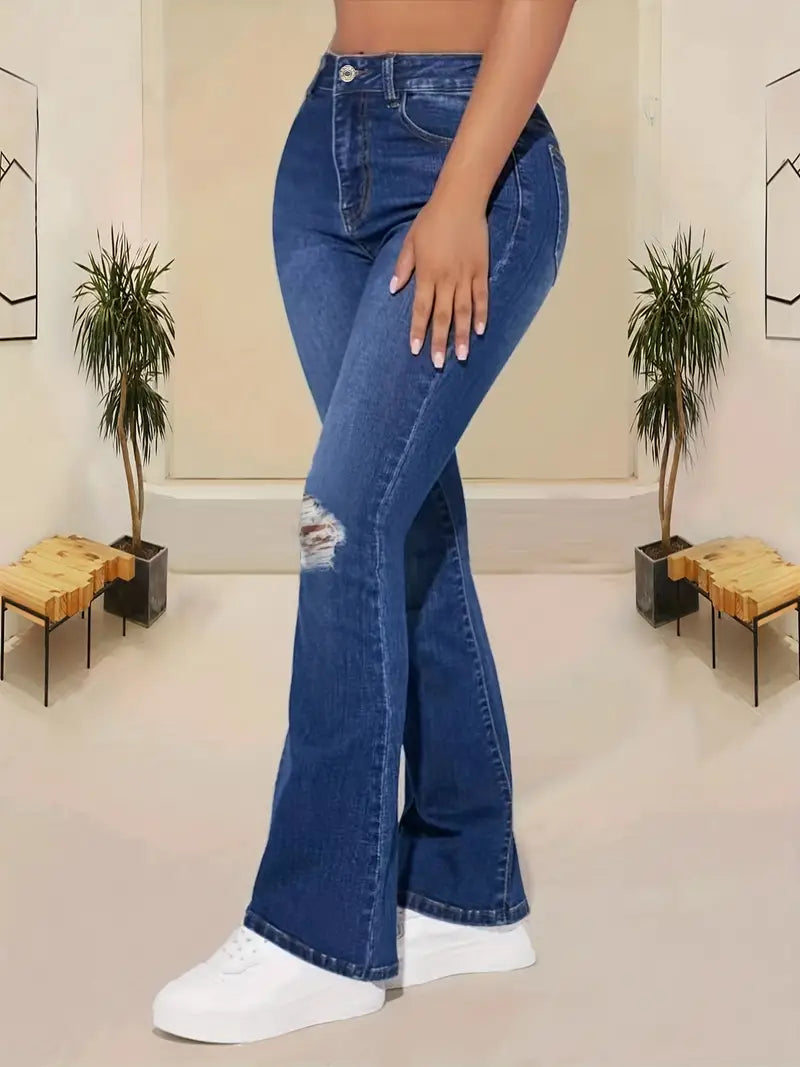 Ripped Stretchy Flare Leg Jeans, High Rise Whiskering Bell Bottoms Denim Pants, Women's Denim Jeans & Clothing