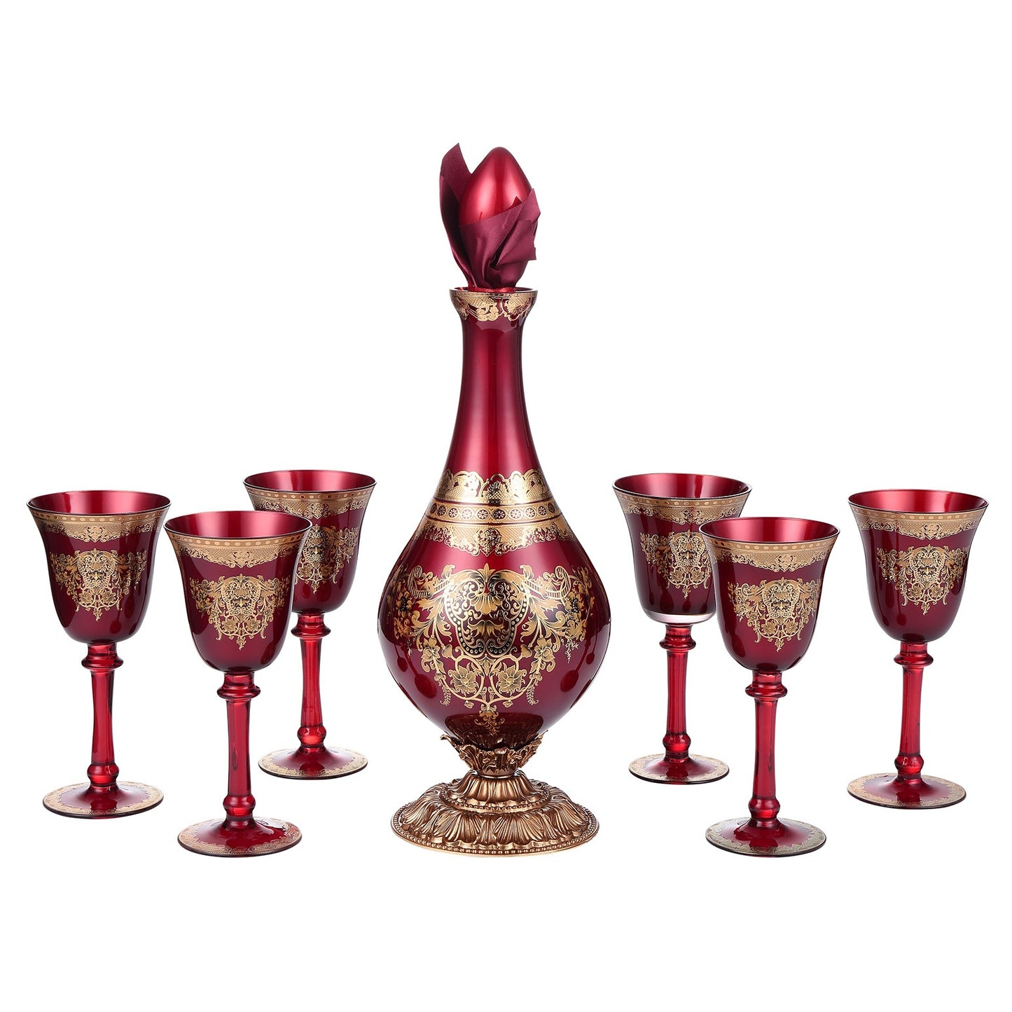 7pc Decanter Set Bronze Ruby Red Gold