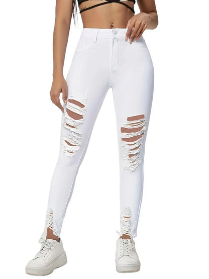 White Raw Hem Skinny Jeans, Ripped Slash Pockets Distressed Slight-Stretch Denim Pants, Women's Denim Jeans & Clothing