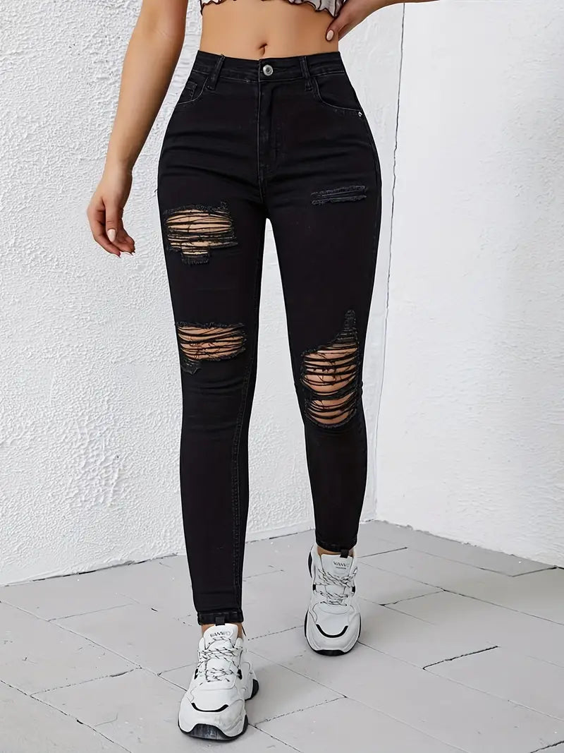 Jean skinny taille haute déchiré, pantalon en denim sexy extensible noir uni, jeans et vêtements en denim pour femmes 