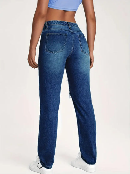 Light Blue Ripped Denim Pants, Loose High Rise Slash Pockets Jeans, Women's Denim Jeans & Clothing