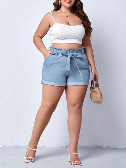 Plus Size Casual Denim Shorts, Women's Plus Solid Elastic Paperbag Waist Roll Hem High Rise Denim Shorts With Belt