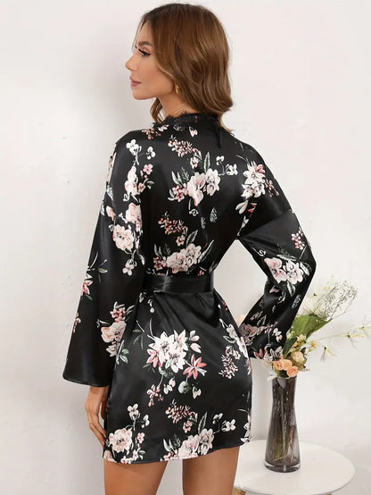 Floral Print Pajama Set, Long Sleeve Robe With Belt & Halter Cami Top & Lace Trim Shorts, Women's Sleepwear & Loungewear