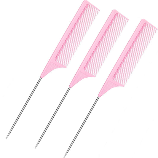 3 Packs Rat Tail Comb Steel Pin Rat Tail Carbon Fiber Heat Resistant Teasing Combs with Stainless Steel Pintail (Pink)