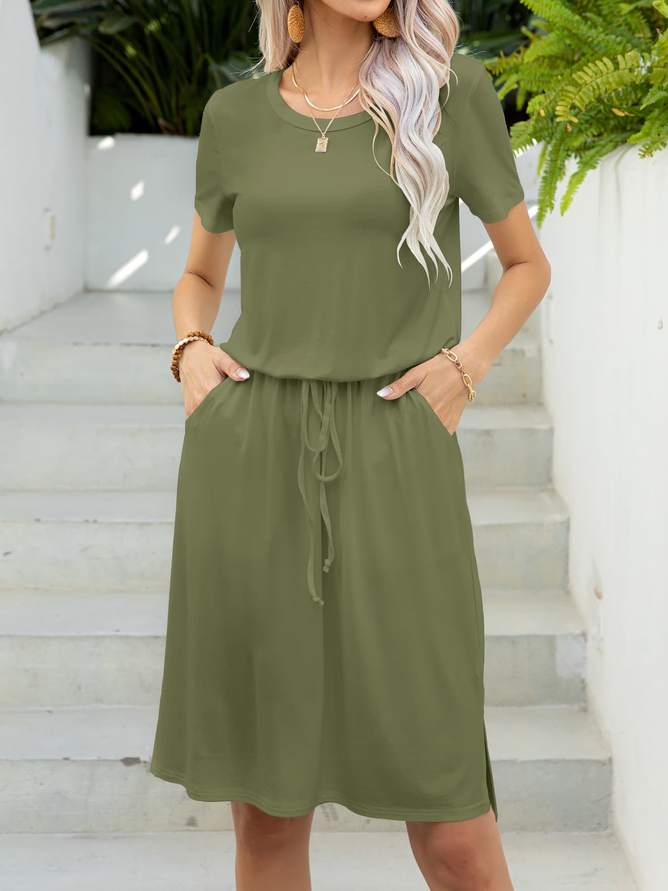 Round Neck Short Sleeve Slit Dress with Pockets