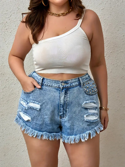 Plus Size Street Style Denim Shorts, Women's Plus Solid Ball Decor Ripped Fringe Trim Button Fly Denim Shorts With Pockets