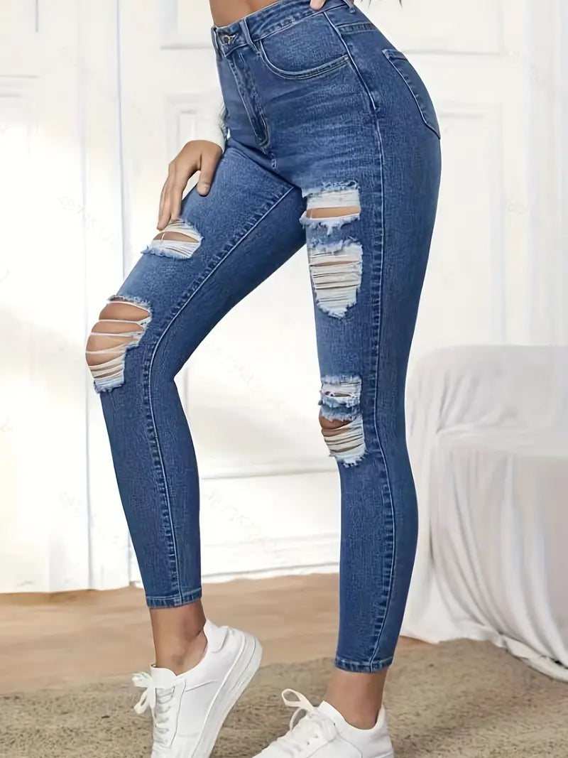 Ripped High Waist Skinny Jeans, Stretchy Solid Color Distressed Denim Pants, Women's Denim Jeans & Clothing