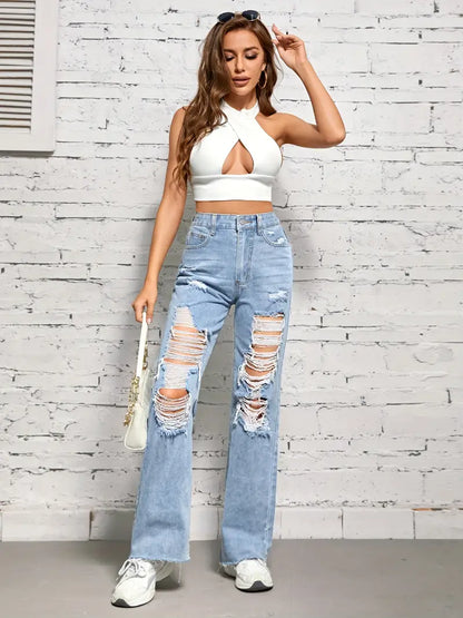 Women's Denim Jeans & Clothing: Blue Raw Hem Straight Jeans with Ripped Holes & High Waist Loose Fit