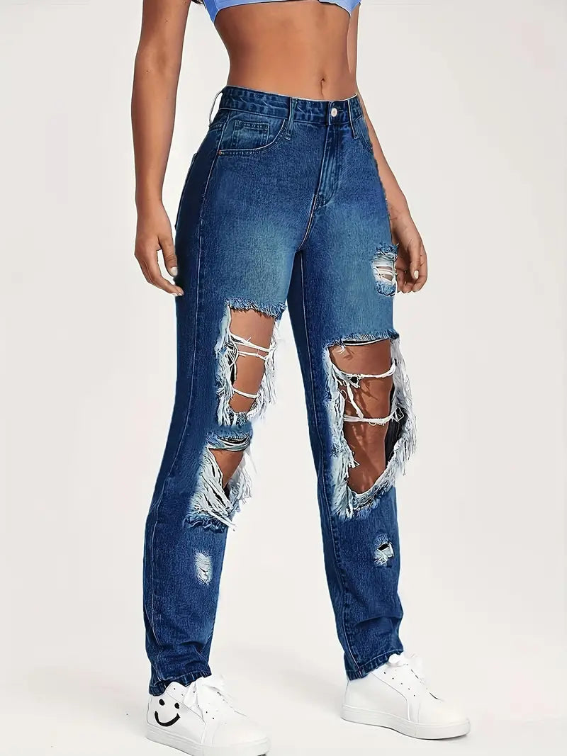 Light Blue Ripped Denim Pants, Loose High Rise Slash Pockets Jeans, Women's Denim Jeans & Clothing