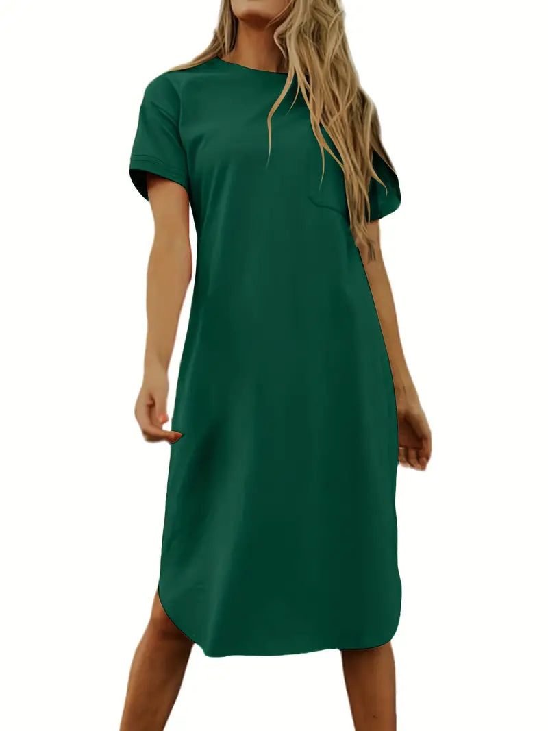 Crew Neck Mid Length Dress, Short Sleeve Solid Summer Pockets Dresses, Women's Clothing