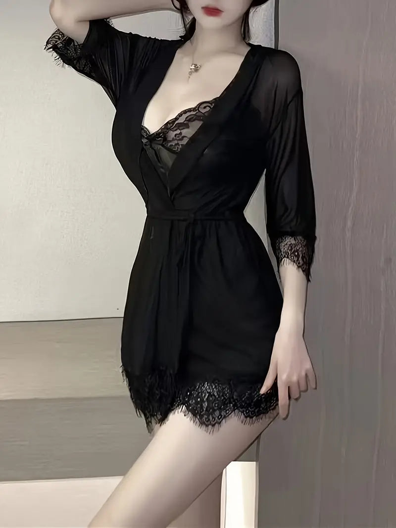 Sexy Mesh Pajama Set, See Through V Neck Lace Mini Dress And Lace Trim Short Robe, Women's Sexy Lingerie & Underwear