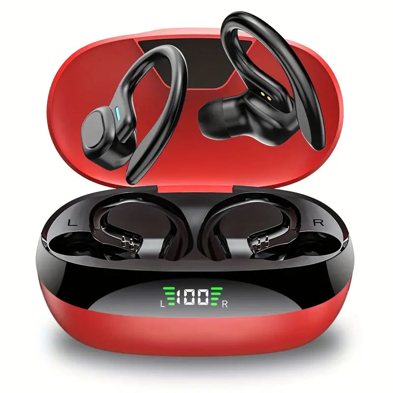 Stereo Wireless Earbuds With Mic, Headphones With Noise Cancelling Mic, Sport Ear-hook Headset, Phone Ear Headphones With LED Display Charing Case, Wireless Running Sports Earbuds