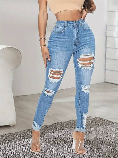 Women's Distressed Denim Jeans with Ripped Slash Pockets - High Waist Skinny Fit for a Tight Look!