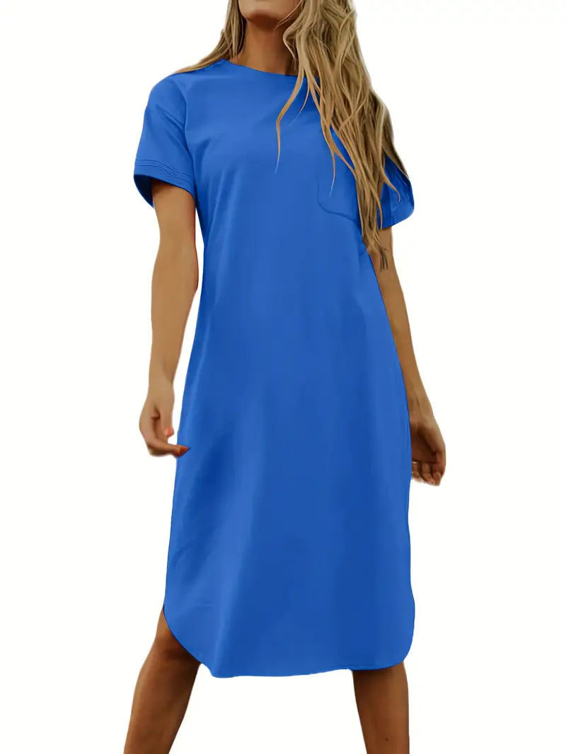 Crew Neck Mid Length Dress, Short Sleeve Solid Summer Pockets Dresses, Women's Clothing