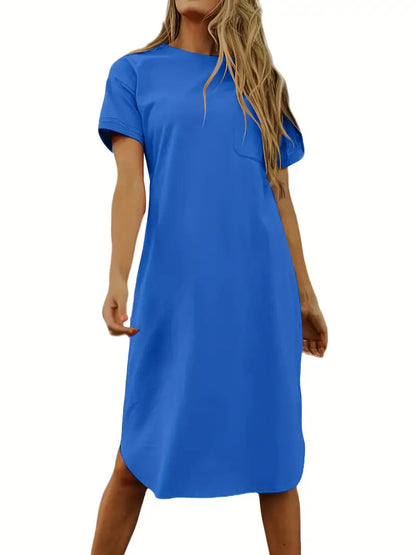 Crew Neck Mid Length Dress, Short Sleeve Solid Summer Pockets Dresses, Women's Clothing